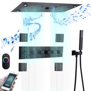 Systèmes de douche musicale noir mat, robinet thermostatique de salle de bains, robinet mitigeur de pomme de douche LED mural au plafond