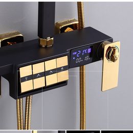 Mat zwart piano thermostatisch douchesysteem regenval bad douchecop muur gemonteerde led temperatuur digitale badkamer doucheset