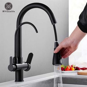 Grifo de cocina de agua pura negro mate de doble manija y grifos mezcladores de cocina extraíbles de agua potable fría 211108