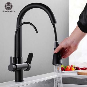 Grifo de cocina de agua pura negra mate, mango doble y agua potable fría, grifos mezcladores de cocina 210724