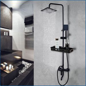 Matte Black Rainfall Shower Faucet Set Single Lever Bathtub Shower Mixer Faucet & Storage Shelf Shower Mixer Water Tap