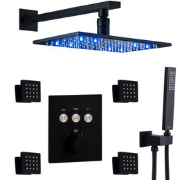 Sistema de ducha de lluvia termostático negro mate Juego de ducha montado en la pared de baño LED de 8 x 12 pulgadas con dispositivo de mano