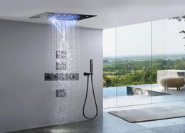 Sistema de ducha de lluvia LED termostático de cascada negro mate, grifo mezclador de baño con cabezal montado en techo rectangular de 14 x 20 pulgadas Se4383041