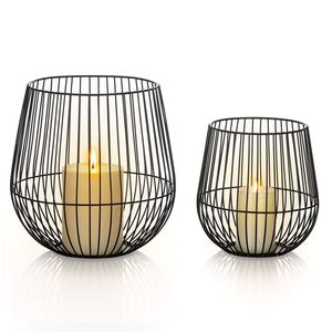 Mat Black Wire Iron Lantern Modern Metal Pillar Candle Holder voor woonkamer Kerstmisdinfeest