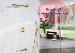 Ensemble de douche complet en or brossé mat, système de bain moderne, pomme de douche murale de 12 pouces, mitigeur thermostatique à bouton-poussoir Fau3570702