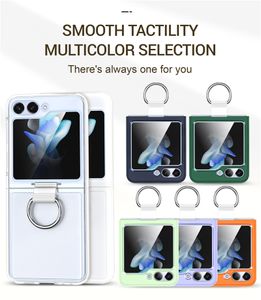 Matte Clear Vogue Phone Case pour Samsung Galaxy Folding Z Flip 5 4 3 5G Durable Slim Ring Holder Protection complète Givré Transparent Béquille Fold Shell Antichoc