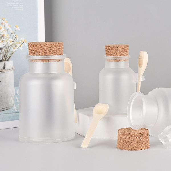 Pots de bouteille de sel de bain en plastique mat Récipients ronds de bouteille d'ABS avec des pots de cuillère de bouchons de liège 100g 200g 300g 500g