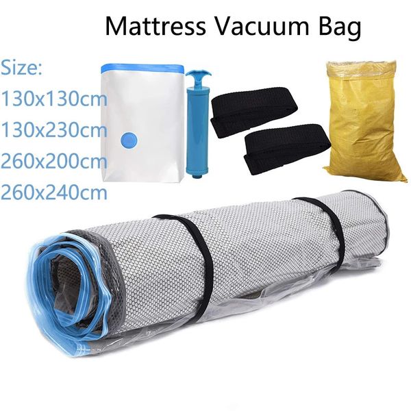 Sac sous vide pour matelas avec fermeture éclair bleue, pour rangement mobile, sac pour matelas sous vide avec sangles 240305