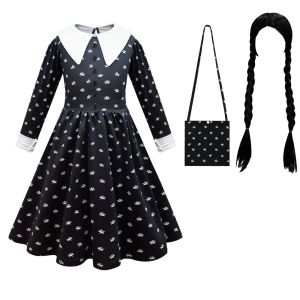 Matrassen Girls Woensdag Addams Familie Cosplay Kostuum Vintage Gothic Outfits Halloween Kostuum Black Print Addams Jurk Kinderkleding