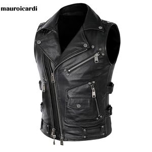 Mauroicardi Herfst Zwart Motorfiets Leren Vest Mannen Rits Zakken Plus Size Faux Lederen Biker Mouwloze Jas 4XL 5XL 211101