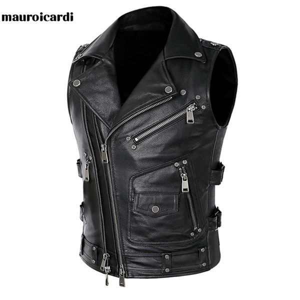 Mauroicardi Automne Noir Moto Veste en cuir Hommes Poches à glissière Plus Taille Faux Cuir Biker Veste sans manches 4XL 5XL 211110