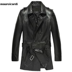 Mauroicardi herfst zwart PU lederen trenchcoat voor vrouwen lange mouw dubbele breasted elegante luxe Britse stijl mode 211110