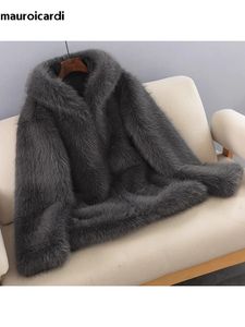 Mauroicardi Otoño Invierno Grueso Cálido Suave Peludo Gris Imitación Piel de Zorro Abrigo Hombres con Capucha Manga Larga Lujo Negro Fluffy Chaqueta 231226