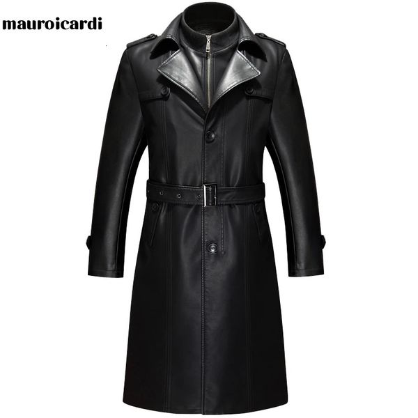 Mauroicardi printemps automne longs blazers en cuir noir hommes ceinture grande taille imperméable coupe-vent manteau en cuir Pu pour hommes 3xl 4xl 5xl 240126