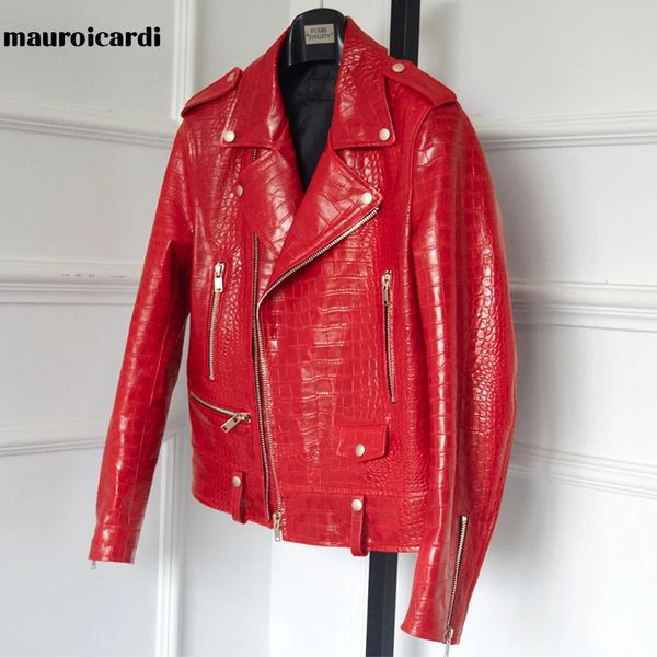 Mauroicardi Spring Red Match Faux Veste de motard en cuir à manches longues Zipper plus taille Designer Men Vêtements 4xl 5xl 240312