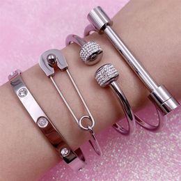 Mavis Hare Ball Love Crystal Bangle Pin Bracelet Bracelet Ensemble en acier inoxydable ouvert pour Woman341Q