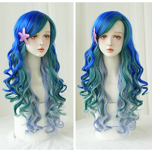 Max Beauty Perruques de sirène bleues, perruque quotidienne de cheveux longs bouclés en fibre synthétique résistante à la chaleur pour Halloween pour Cosplay pour Noël