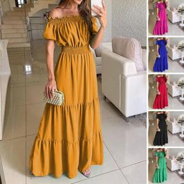 Maxi boho robe streetwear bouffes manches courtes élastiques coutures de plage grand ourlet