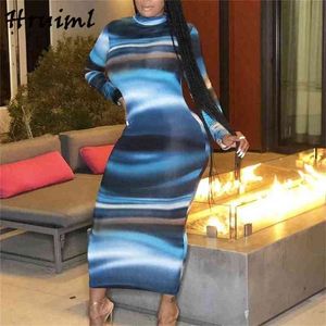 Maxi Jurken voor Vrouwen Tie Dye Gestreepte Lange mouw Turtleneck Slanke Elegante Avondfeest Bodycon Robe Femme 210513