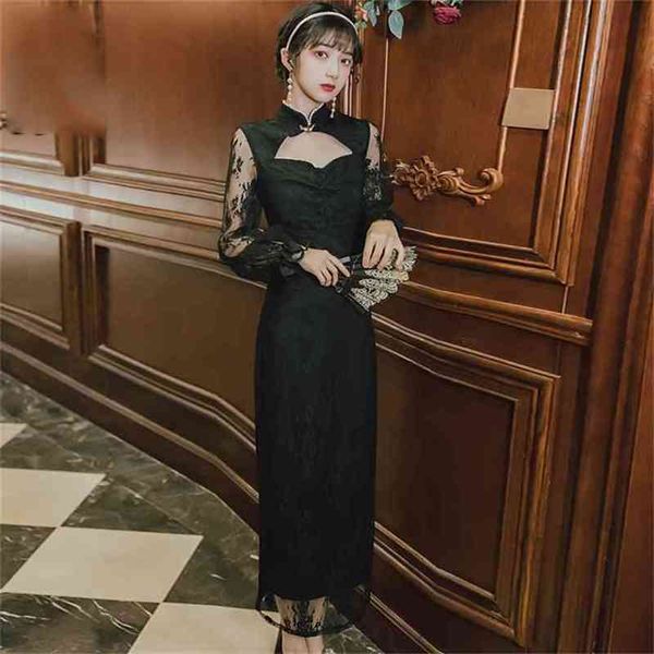 Maxi soirée robe de soirée Style chinois longue Cheongsam à manches courtes gaine Vestidos été femmes noir 210603