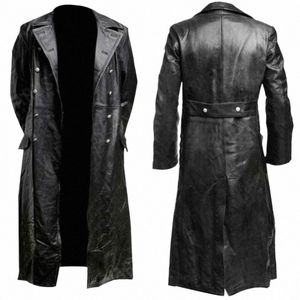 Maxi Lg Coupe-vent en cuir pour hommes Veste en cuir à double boutonnage Manteau en cuir militaire pour hommes R5qr #