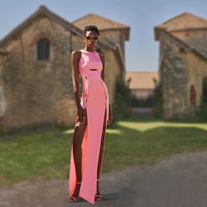 Maxi lange vrouwen lady sexy uitsparing roze bandage jurken street style designer model party parijs show runway jurk CJ5530