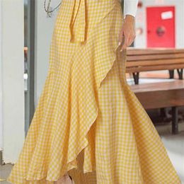 Maxi jupes femmes été Celmia mode taille haute portefeuille jupe longue asymétrique Vintage Plaid à volants sirène bas Femme 220701