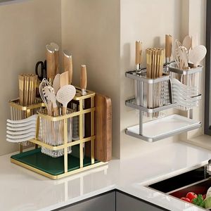 ¡Maximice el espacio de su cocina con este organizador de almacenamiento de cubiertos con soporte para palillos de 1 pieza!