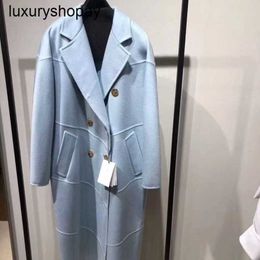 Maxmaras Cashmere Coat Womens Wool Coats Mme Stangno Double face Yuan Quan même style 2024 AUTUMNWINTER Water Ripple High End Long Bleu