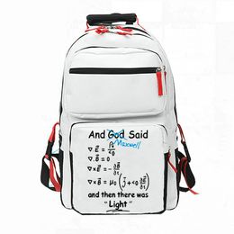 Sac à dos équations Maxwell Et Dieu a dit sac à dos Sac d'école de physique Sac à dos Math Print Sac d'école décontracté Blanc Noir Couleur sac à dos