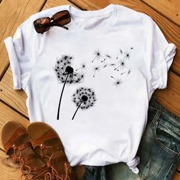 Maycaur Cute Dandelion Printed Dames T -shirt Cartoon Grafische witte dames T -shirt Casual vrouw Grappige T -stukken Shir 240411