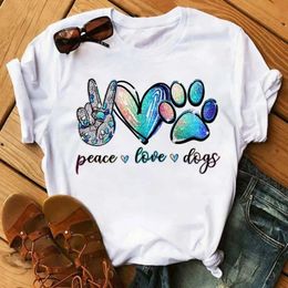 Maycaur Fashion Women Dogs Paws T -shirt vrede liefde grappig casual oneck korte mouwen t -shirt zomer kawaii vrouwelijke tee 240515
