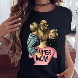 MAYCAUR Mujeres Cartoon Mom Madre Madre Boy Girl Señora impresa Camiseta Top Top Camiseta Damas Graphic Femenina Femenina 240417