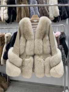 Maylofuer Mujeres Real Fox Fur Coat Chaqueta de cuero de piel de oveja genuina Manga larga 100% Abrigos de piel de zorro natural con cuello desmontable 201212