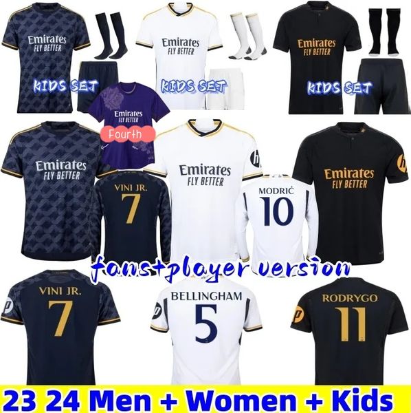 Mbappe Soccer Jerseys 23 24 Camiseta de fútbol VINI JR Bellingham 2024 Rodrgo Manga larga Cuarto Púrpura Hombres Niños Mujeres Kit Uniforme Real Madrid Inicio Camiseta de Futbol