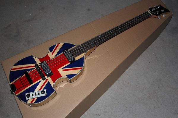 McCartney Hof H500/1-CT Violín contemporáneo Bajo de lujo Bandera de Inglaterra Guitarra eléctrica Flame Maple Top Back 2 511B Pastillas grapas