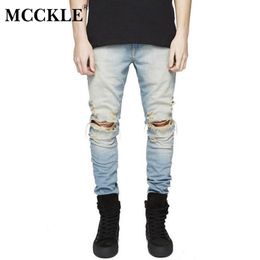 McCKLE Designer Slim Fit Ripped Jeans Mannen Hi-Street Mens Distressed Denim Biker Knie Gaten Gewassen Vernietigde Jeans