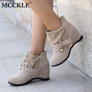 McCKle Dames Herfst Enkellaarzen Vrouwelijke Plus Size Hoogte Toenemende Schoenen Butterfly-Knot Mid High Casual Footwear Short Botas