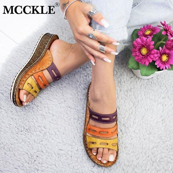MCCKLE femmes pantoufles dames évider couleurs mélangées tongs mode couture sandales compensées liège chaussures plate-forme femme diapositives