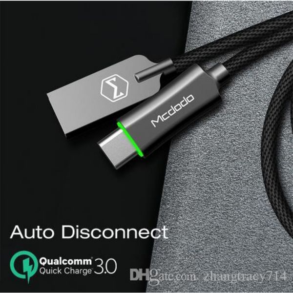 Cables de teléfono celular Mcdodo Cable USB tipo C Carga rápida Datos de desconexión automática para Samsung Xiaomi Oneplus 5 con cable de luz LED tipo c