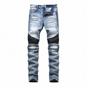 Mcikkny Hommes High Street Ripped Biker Jeans Pantalons Multi Zipper Patchwork Moto Denim Pantalons Streetwear T4be #