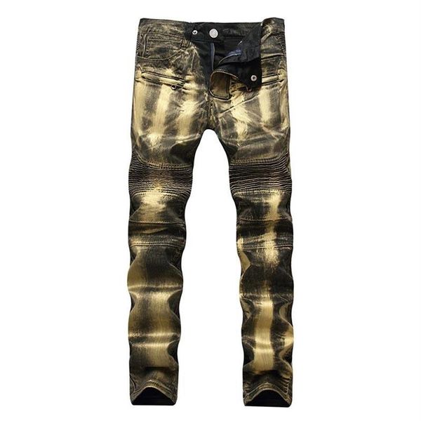 Mcikkny-pantalones vaqueros plisados para hombre, vaqueros de motociclista estampados pintados en oro y plata, pantalones vaqueros rectos ajustados, talla 28-422902