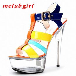 Mclubgirl 15cm talons tête ronde Sexy sandales hautes fond épais cristal couleur correspondant cuir verni chaussures pour femmes LYP