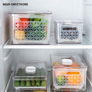 MDZF SWEETHOME Réfrigérateur Conteneurs de stockage des aliments avec égouttoir Cuisine Stockage Légumes Fruits Boîte fraîche Organisateur avec couvercle 201022