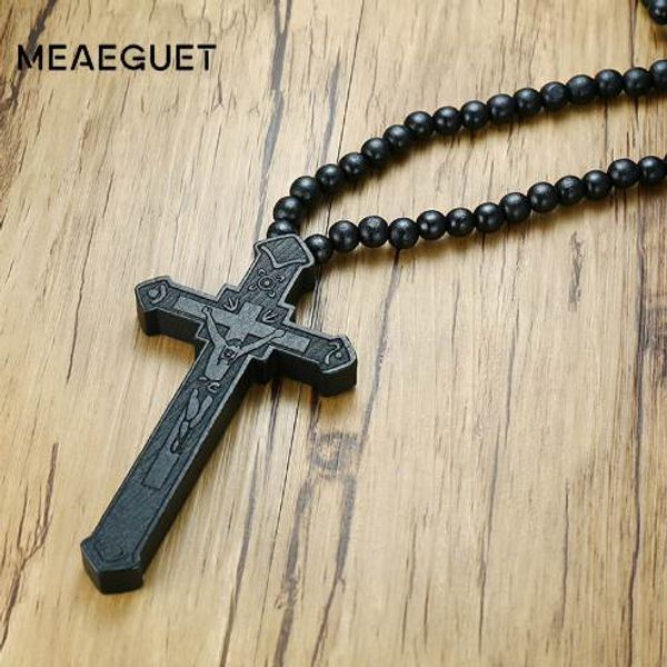 Meaeguet, cruz católica de madera grande de Jesús con cuentas de madera talladas, colgante de Rosario, collar largo llamativo, joyería para hombres