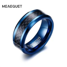 Meaeguet Trendy 8MM Blauw Wolfraamcarbide Ring Voor Mannen Sieraden Zwart Koolstofvezel Trouwringen USA Maat S18101607251P