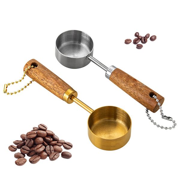Cucharas medidoras para granos de café, tazas medidoras de acero inoxidable con mango de madera, herramientas de cocina para hornear