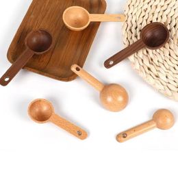 Outils de mesure 5/10/15ml manche en bois noyer noir hêtre cuillère en bois café Condiment sel sucre poudre Scoop Gadgets de cuisine