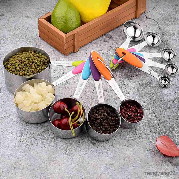 Herramientas de medición 5 Unids / set Juego de cucharas medidoras Escala transparente Anillo Hebilla Mango Cuchara de azúcar inoxidable Taza medidora R230704