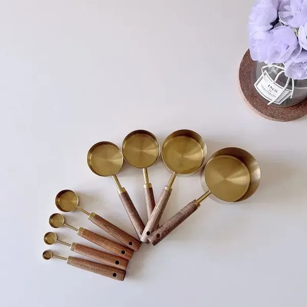 Herramientas de medición, juego de 8 piezas, mango de madera de cobre, cucharas de café, tazas, artículos de cocina para hornear, accesorios de cocina dorados